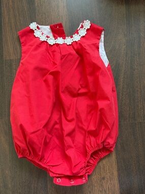 The Beaufort Bonnet Company Red Bubble Romper with White Floral Collar